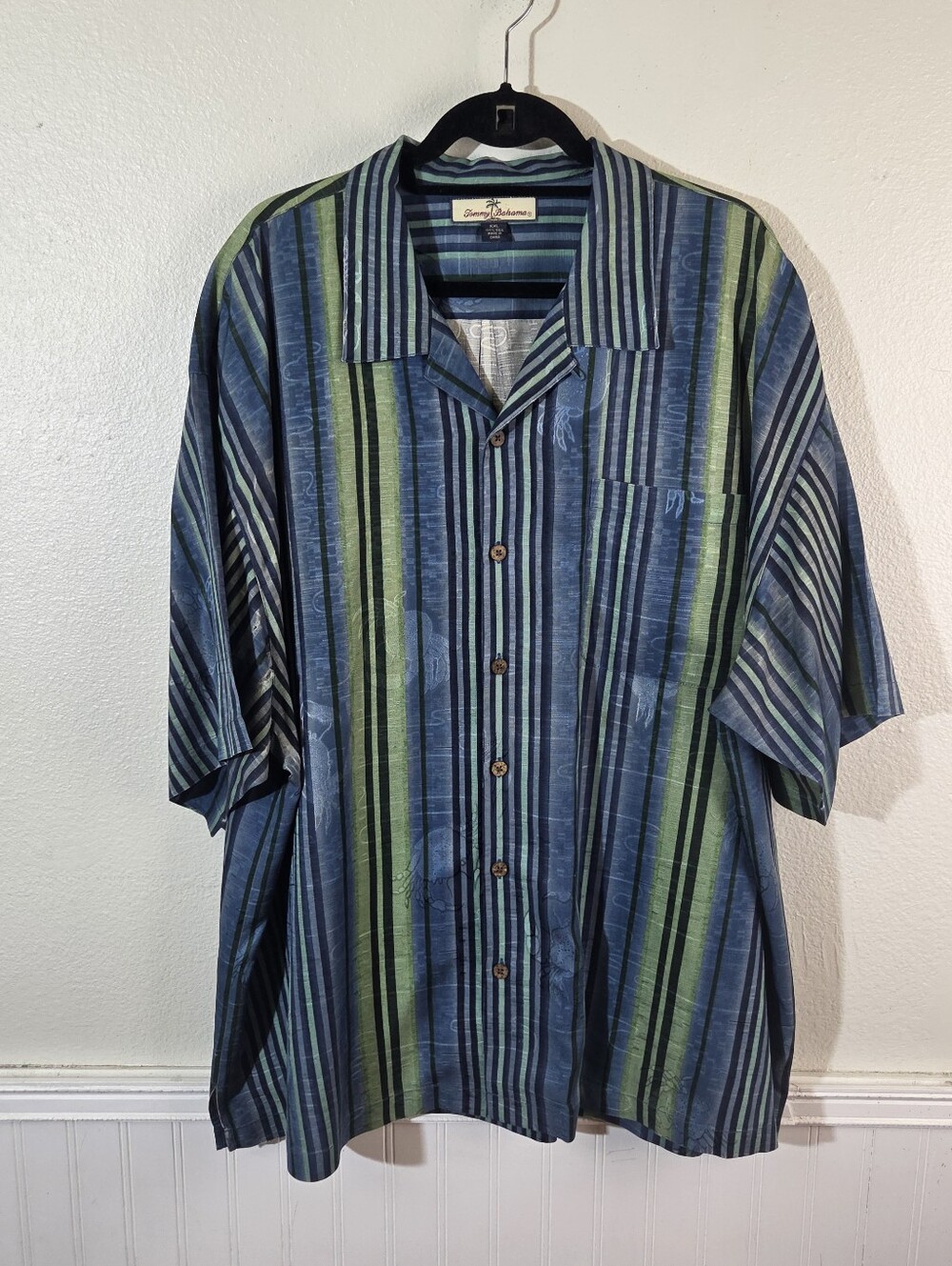 Vintage Tommy Bahama 100% Silk Camp Shirt Mens 2x Blue Green Crab Hawaiian Aloha